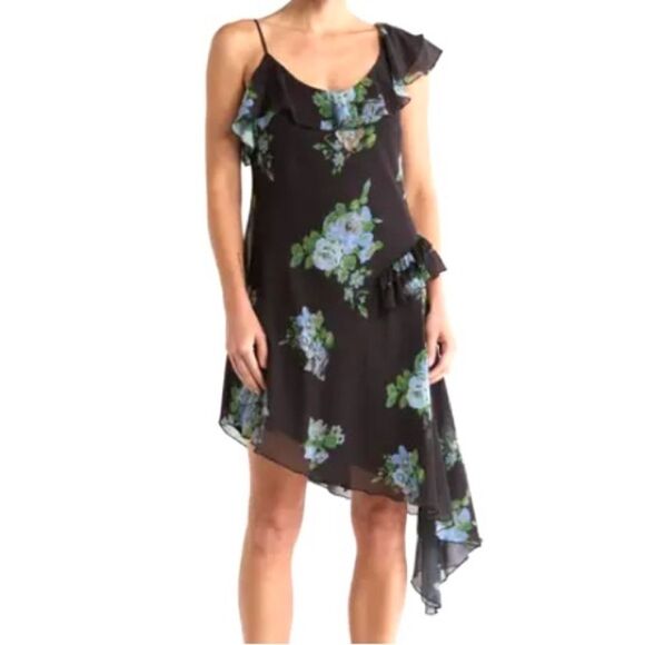 NEW Free People Alma Midi Dress Asymmetrical Ruffle Black Combo Blue Size M - Picture 1 of 15